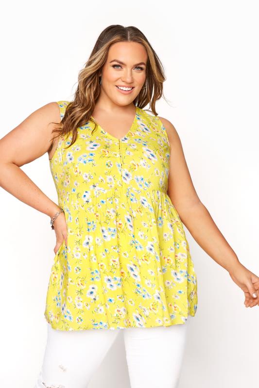 Plus Size  Curve Yellow Floral Hook & Eye Front Sleeveless Smock Top