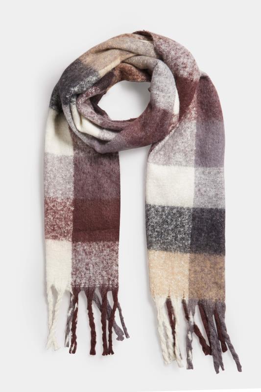 Brown Block Check Chunky Tassel Scarf | Yours Clothing 2