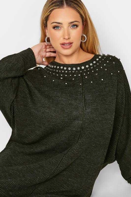 Plus Size  YOURS LUXURY Curve Charcoal Grey Sequin Embellished Ribbed Long Sleeve Top