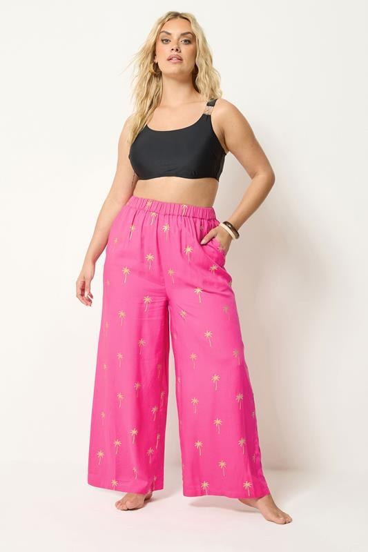  YOURS Curve Pink Foil Palm Tree Beach Trousers