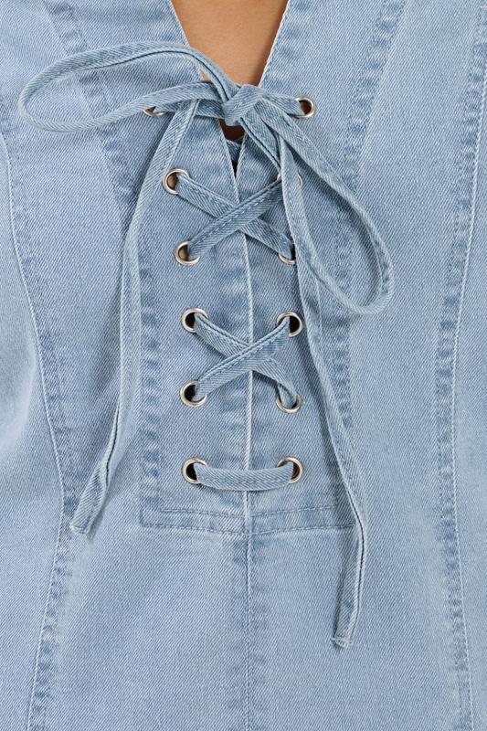 PixieGirl Petite Women's Light Blue Lace Up Denim Mini Dress | PixieGirl 5