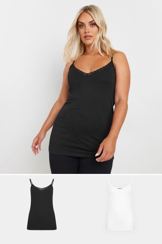 YOURS 2 PACK Plus Size Black & White Lace Cami Tops | Yours Clothing 1