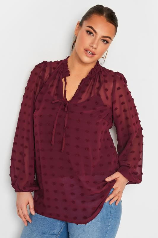 YOURS Curve Plus Size Wine Red Dobby Blouse | Yours Clothing  1