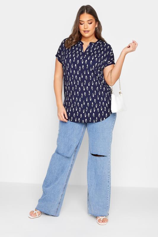 YOURS Plus Size Curve Navy Blue Animal Print Half Placket Blouse | Yours Clothing  3