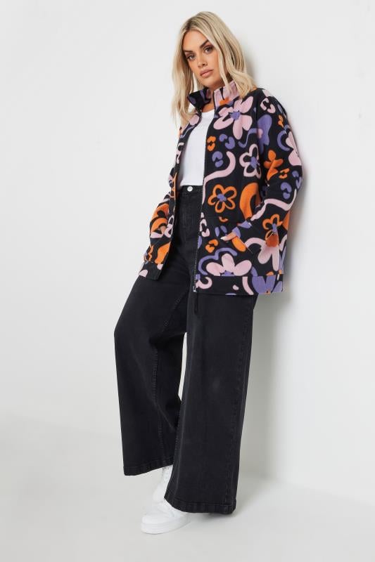 YOURS Plus Size Black Floral Print Zip Fleece Jacket | Yours Clothing 3