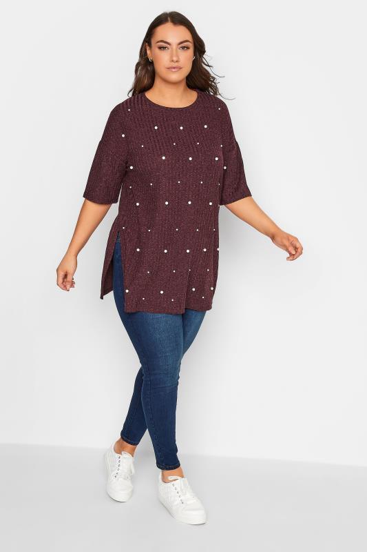 Curve Plus Size Red Pearl Embellished Split Hem Knit Top | Yours Clothing  2