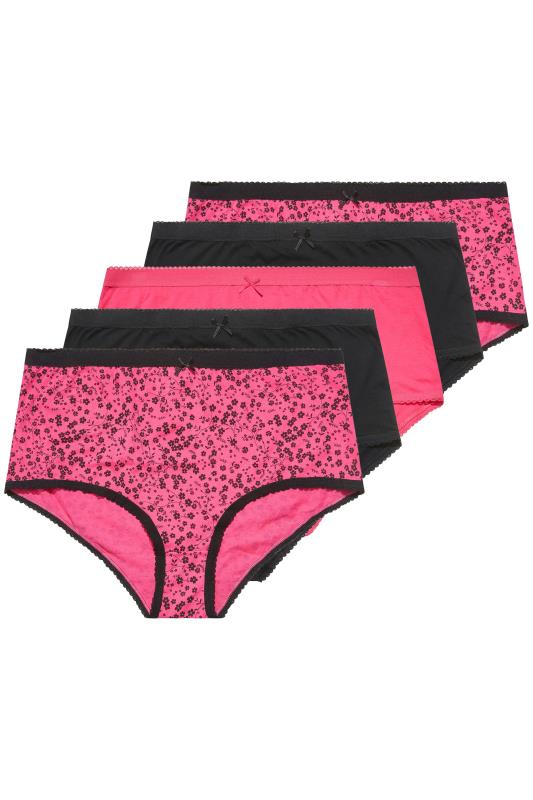5 PACK Curve Pink & Black Floral Print High Waisted Full Briefs 2