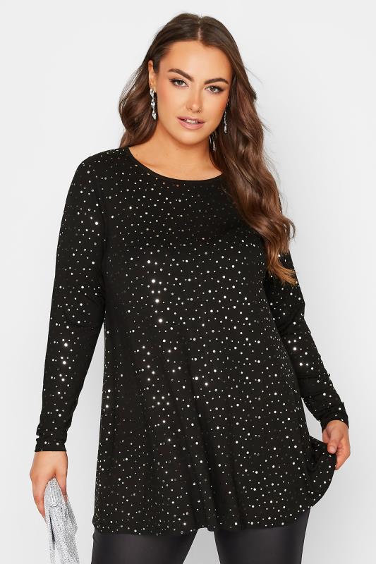 Plus Size Black & Silver Embellished Long Sleeve Swing Top | Yours Clothing 1