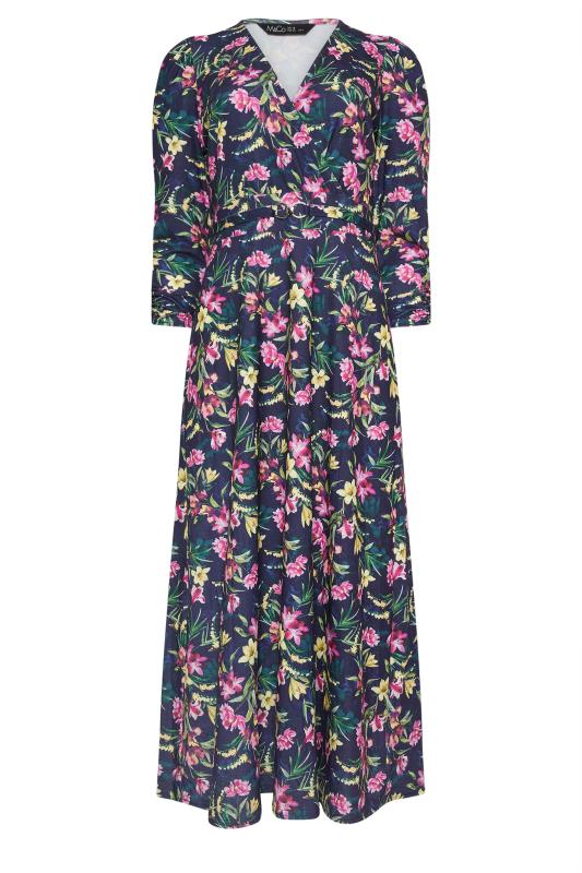M&Co Navy Blue Floral Print Belted Wrap Midi Dress | M&Co 5