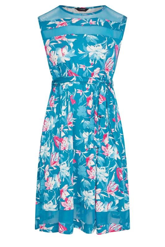 Plus Size Blue Floral Print Mesh Panel Skater Dress | Yours Clothing  6