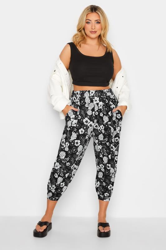 YOURS Plus Size Black Floral Cropped Jersey Harem Joggers | Yours Clothing 2