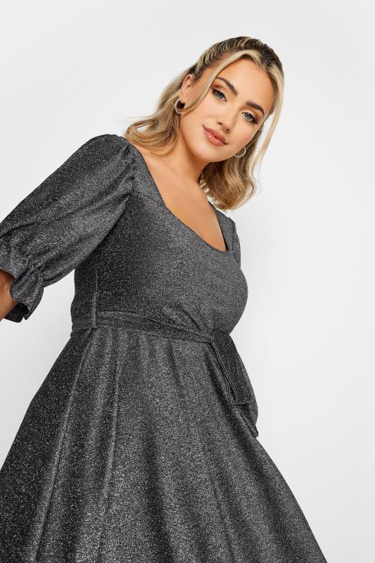 YOURS LONDON Plus Size Silver Glitter Puff Sleeve Midi Dress | Yours Clothing 5