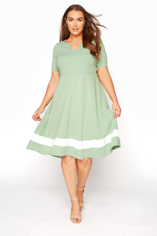 YOURS LONDON Plus Size Sage Green Notch Neck Skater Dress | Yours Clothing 1
