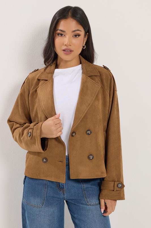 PixieGirl Petite Women's Brown Faux Suede Cropped Trench Coat | PixieGirl 1