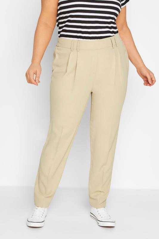 YOURS Plus Size Beige Brown Double Belted Tapered Trousers | Yours Clothing 1