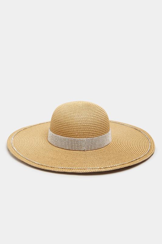 Natural Brown Wide Brim Diamante Straw Hat | Yours Clothing  1