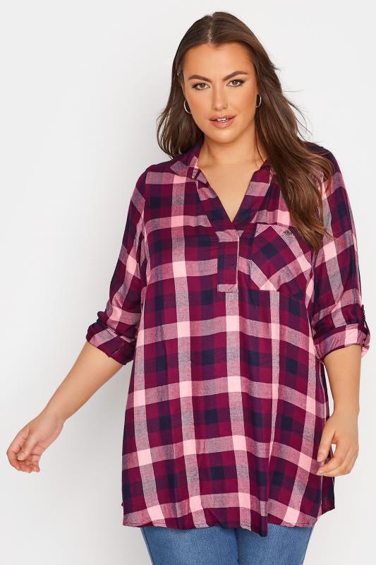 Plus Size Berry & Pink Metallic Overhead Check Shirt | Yours Clothing 1