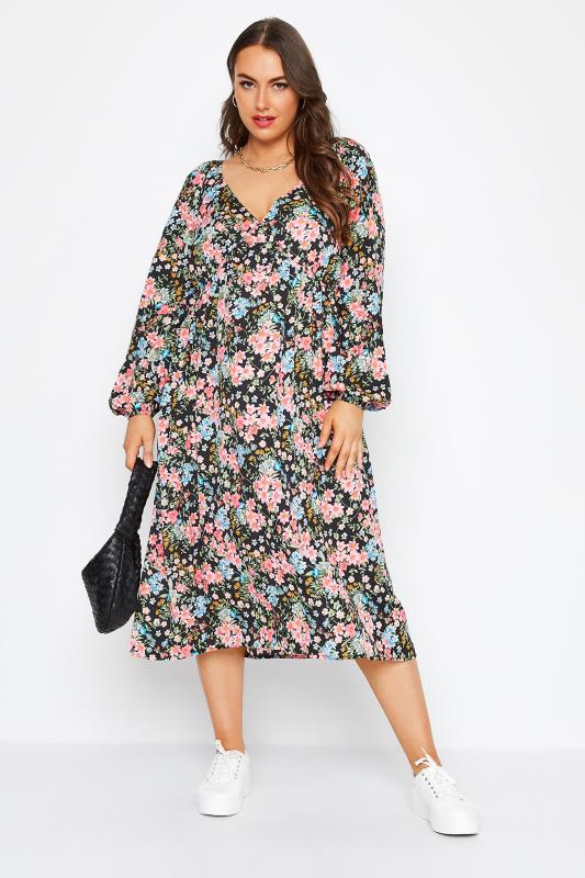 LIMITED COLLECTION  Plus Size Black Floral Balloon Sleeve Midi Dress | Yours Clothing  1
