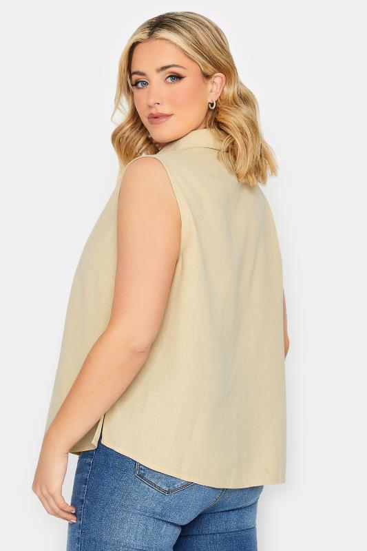 YOURS PETITE Plus Size Stone Brown Linen Blend Sleeveless Shirt | Yours Clothing 3