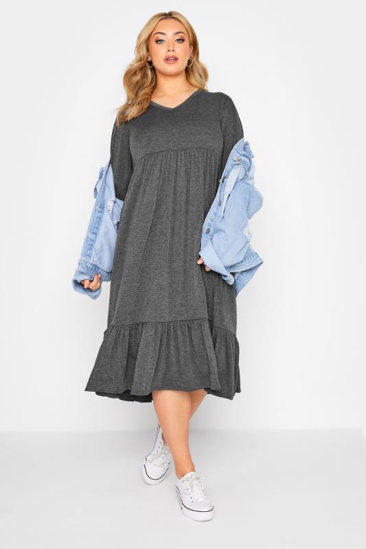 LIMITED COLLECTION Plus Size Grey Long Sleeve Tiered Dress | Yours Clothing 2