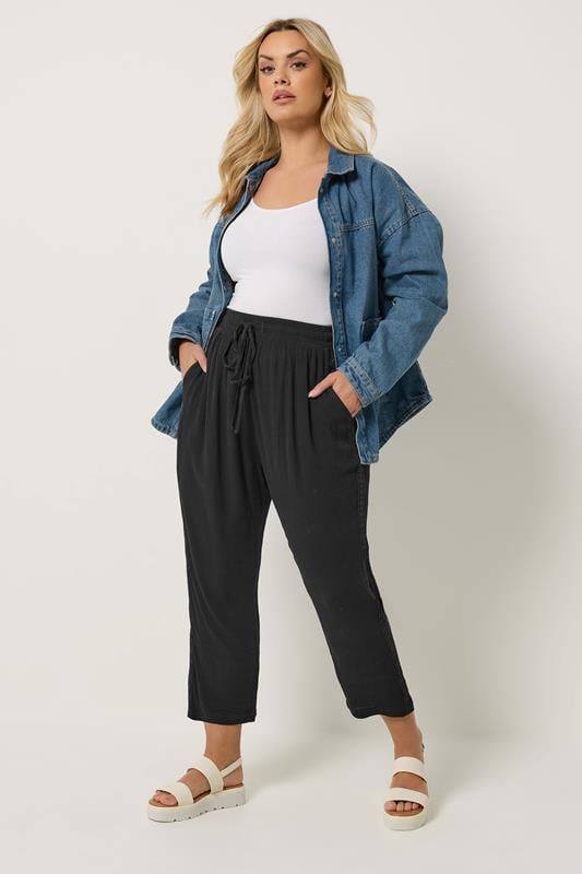 YOURS Plus Size Black Crochet Side Crop Trousers | Yours Clothing 1