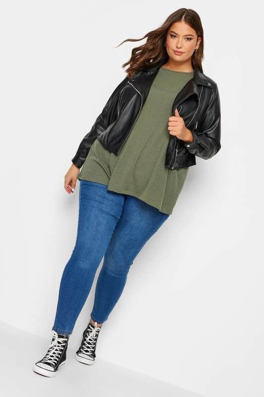 YOURS Curve Plus Size Khaki Green Ribbed Swing T-Shirt | Yours Clothing  2