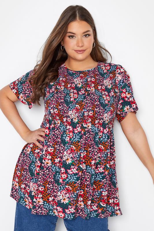  Grande Taille Curve Navy Blue Floral Print Shirred Top