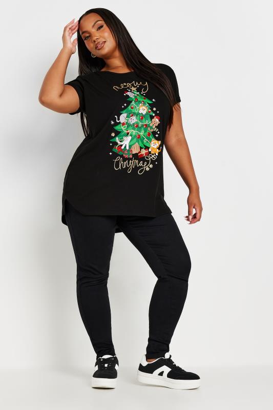 YOURS Plus Size Black 'Meowy Christmas' Slogan T-Shirt | Yours Clothing  2