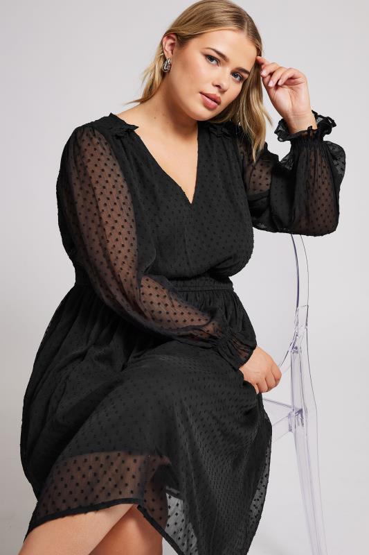 YOURS LONDON Plus Size Black Dobby Midi Dress | Yours Clothing 1