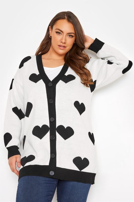 Plus Size Curve White & Black Heart Print Knitted Cardigan | Yours Clothing  2