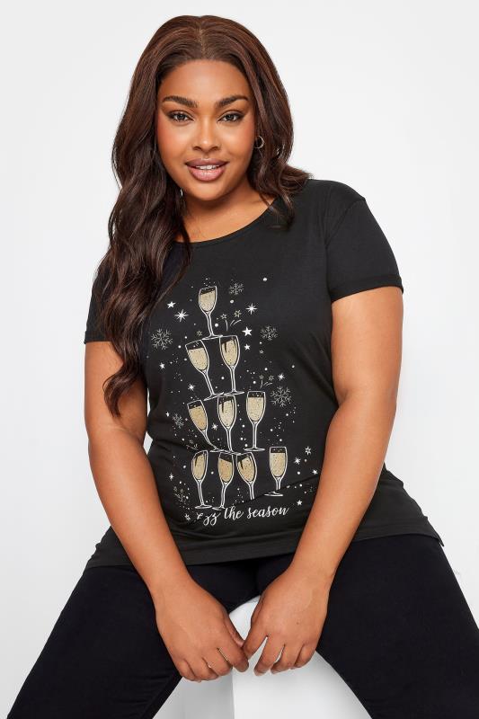 YOURS Plus Size Black 'Fizz The Season' Slogan T-Shirt | Yours Clothing 4