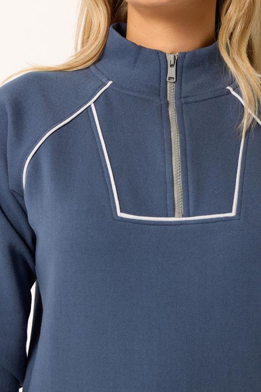 LTS Tall Women's Indigo Blue Quarter Zip Pipe Detail Sweatshirt | Long Tall Sally 4