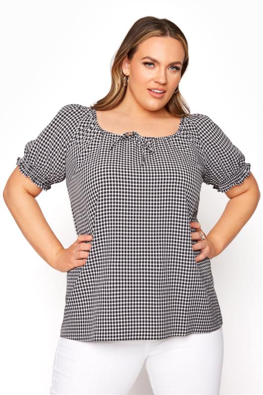 YOURS LONDON Curve Black Gingham Longline Gypsy Top_A.jpg