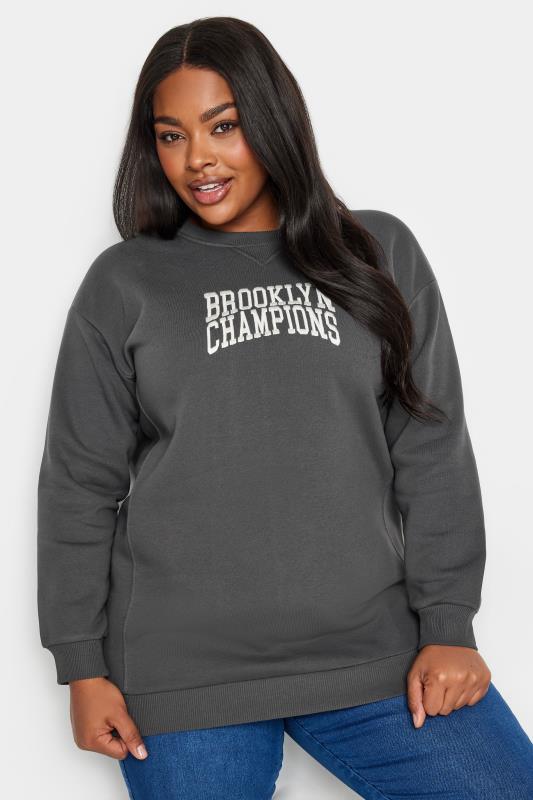 YOURS Plus Size Grey 'Brooklyn Champions' Slogan Sweatshirt | Yours Clothing 4
