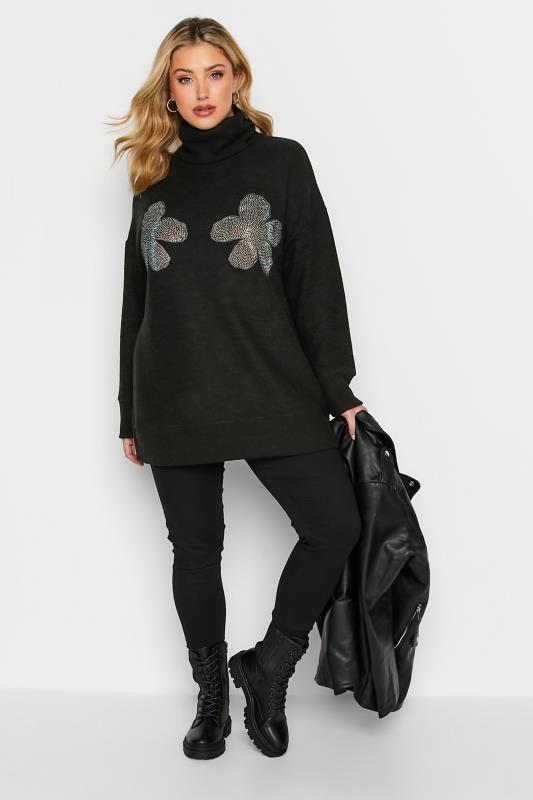 YOURS LUXURY Curve Black Diamante Embellished Floral Turtle Neck Jumper | Yours Clothing  2