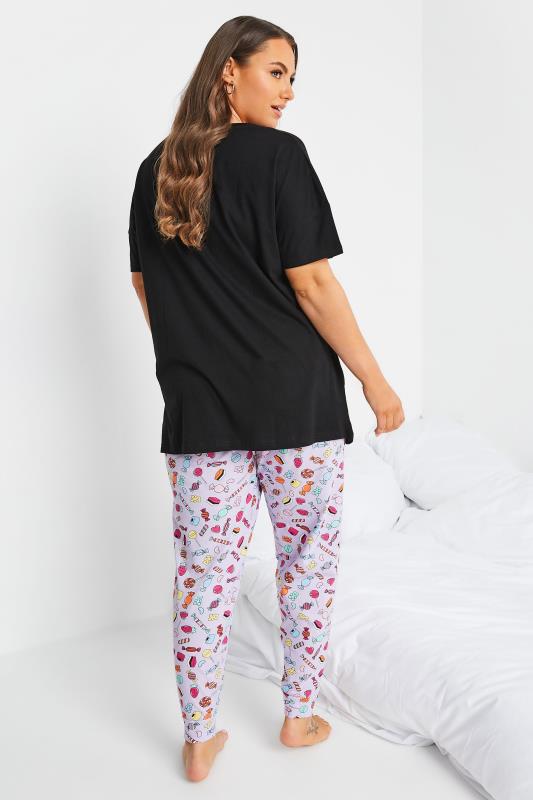 Plus Size Black & Purple 'Sweet Dreams' Cuffed Cotton Pyjama Set | Yours Clothing 2