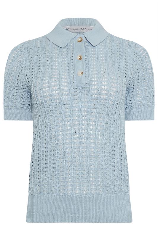 PixieGirl Petite Women's Light Blue Crochet Polo Top | PixieGirl 6