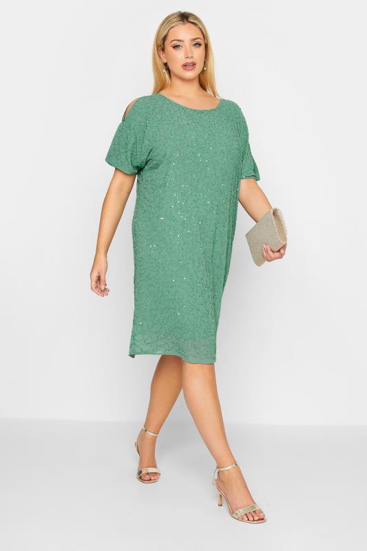 LUXE Plus Size Green Sequin Hand Embellished Cape Dress | Yours Clothing 1