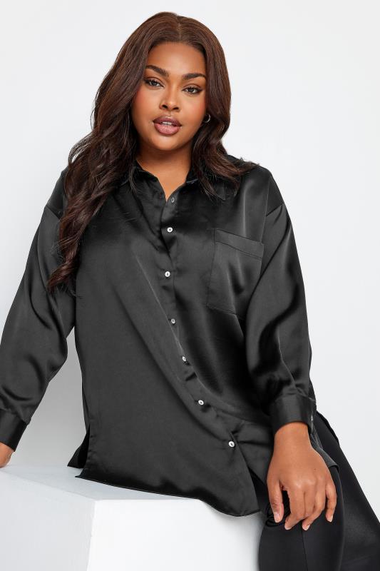 Yours Plus Size Black Satin Cuffed Sleeve Shirt | Yours Clothing  1