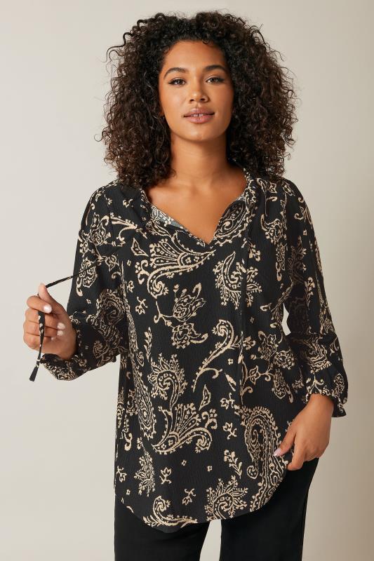 EVANS Plus Size Black Paisley Print Crepe Tie Neck Blouse | Evans  1