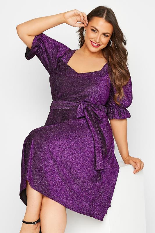 YOURS LONDON Plus Size Purple Glitter Puff Sleeve Midi Dress | Yours Clothing 4