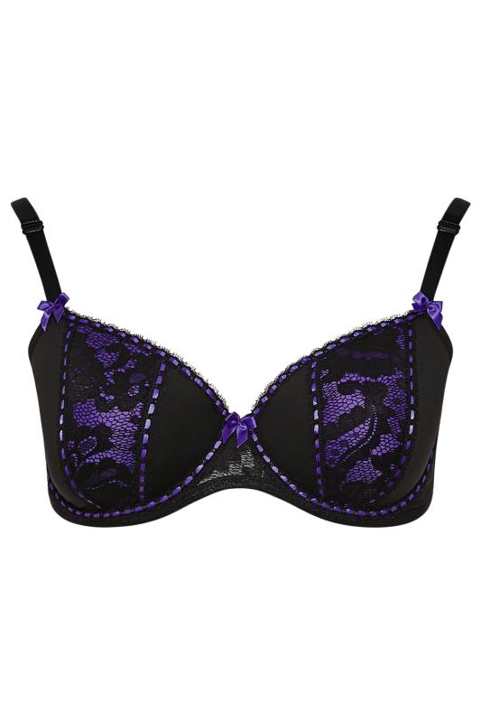Purple Lace Panel Ribbon Detail Padded Bra | Yours Clothing 3