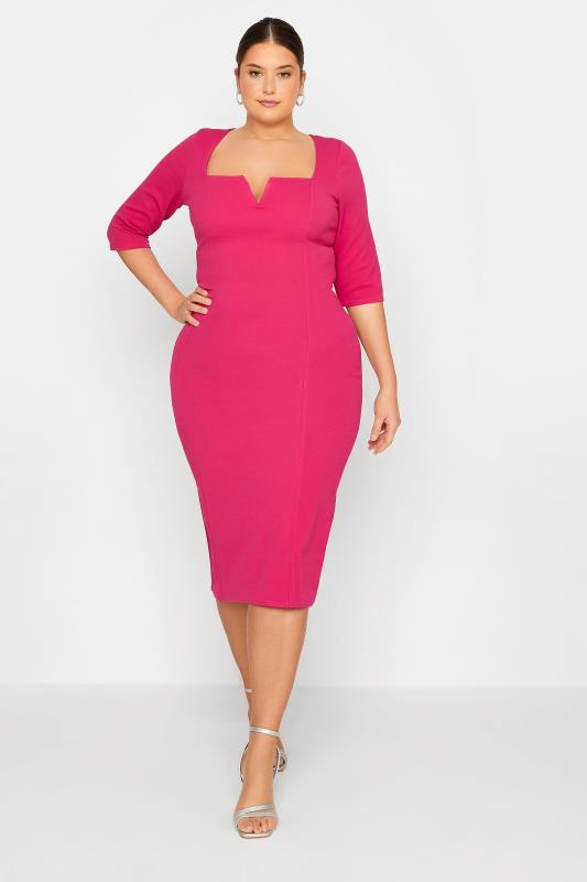 Tall Women's LTS Bright Pink Notch Neck Midi Dress | Long Tall Sally 2