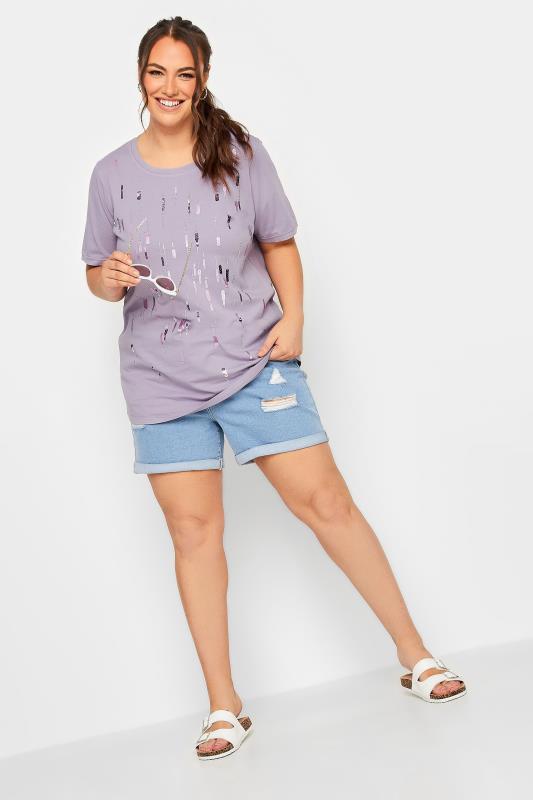 YOURS Plus Size Curve Lilac Purple Embellished T-Shirt | Yours Clothing 2