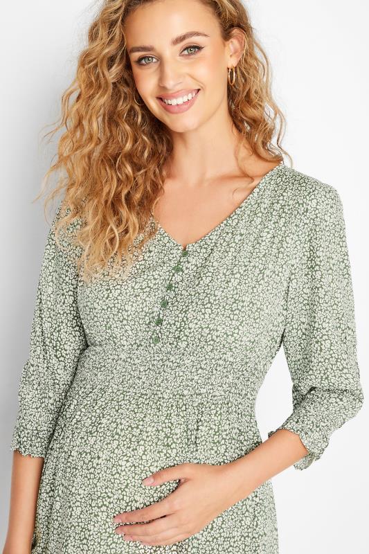 LTS Tall Maternity Sage Green Ditsy V-Neck Button Tiered Midi Dress 4
