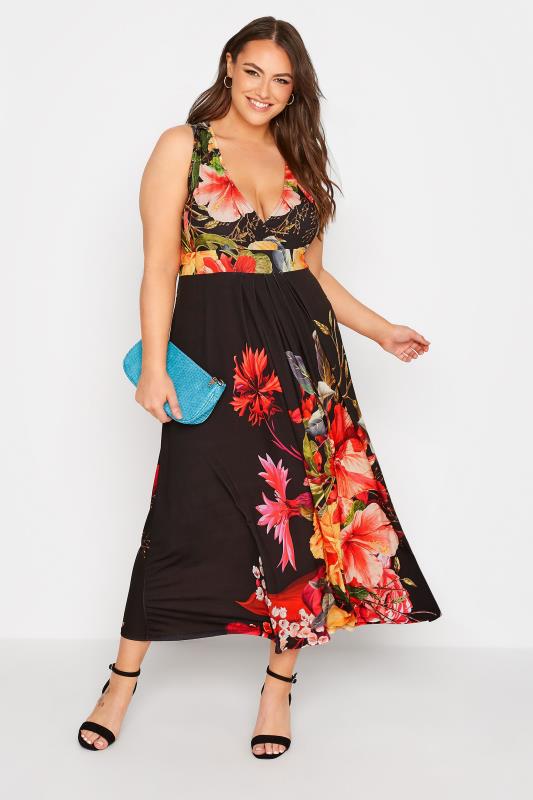 Plus Size Black Floral V-Neck Swing Dress | Yours Clothing 1
