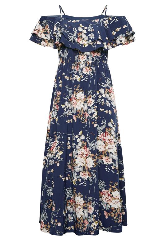 Plus Size YOURS LONDON Curve Navy Blue Floral Ruffle Bardot Maxi Dress | Yours Clothing  6