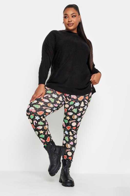 YOURS Plus Size Black Christmas Cookie Print Leggings | Yours Clothing 2