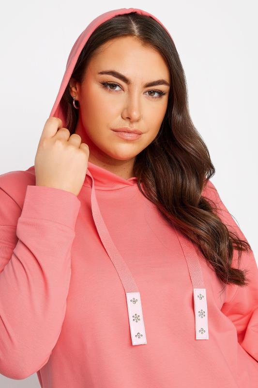 YOURS Plus Size Bright Pink Embellished Tie Hoodie | Yours Clothing 4