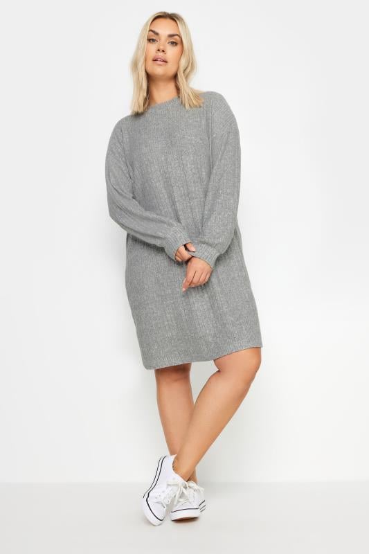  Tallas Grandes YOURS Curve Light Grey Soft Touch Ribbed Jumper Dress